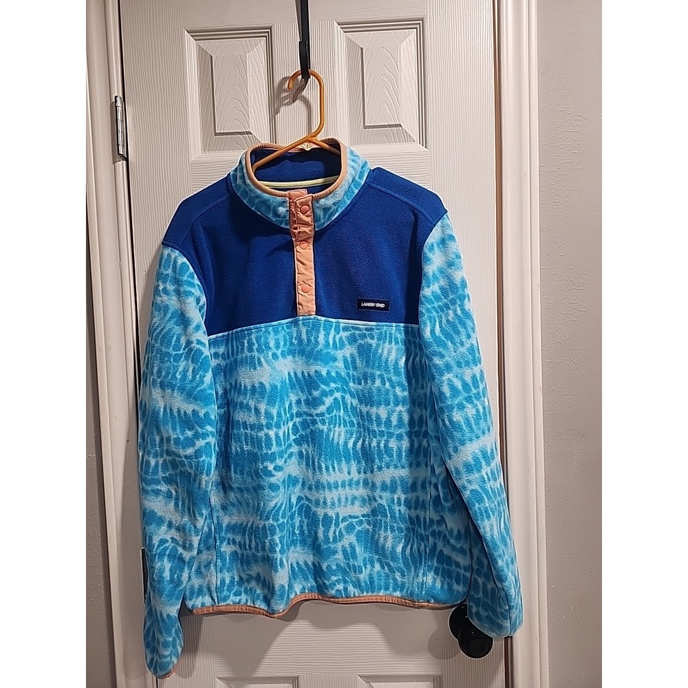 Lands End Snap Neck Fleece Sweatshirt Mens Large‎ Blue Aqua Long Sleeve Jacket